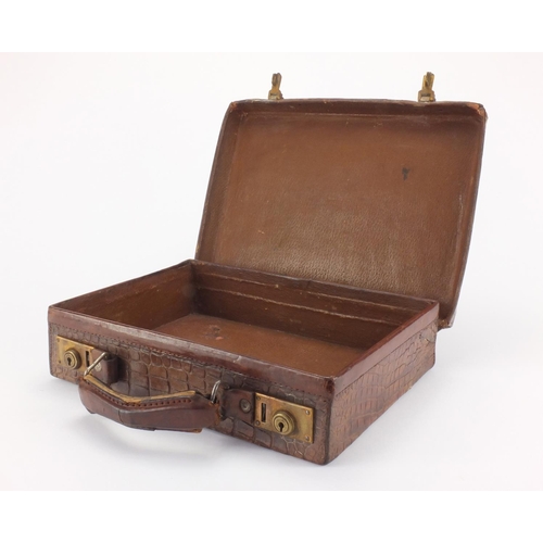 2148 - Vintage crocodile skin briefcase with brass locks, 33cm wide