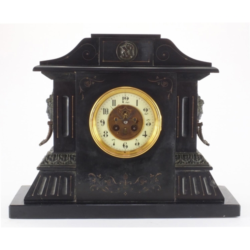 2074 - Victorian black slate marble mantle clock with french movement, enamelled dial and Arabic numerals, ... 