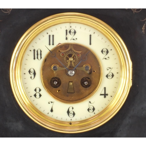 2074 - Victorian black slate marble mantle clock with french movement, enamelled dial and Arabic numerals, ... 