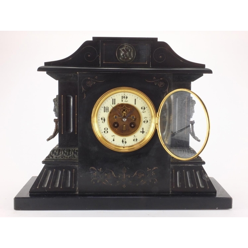 2074 - Victorian black slate marble mantle clock with french movement, enamelled dial and Arabic numerals, ... 