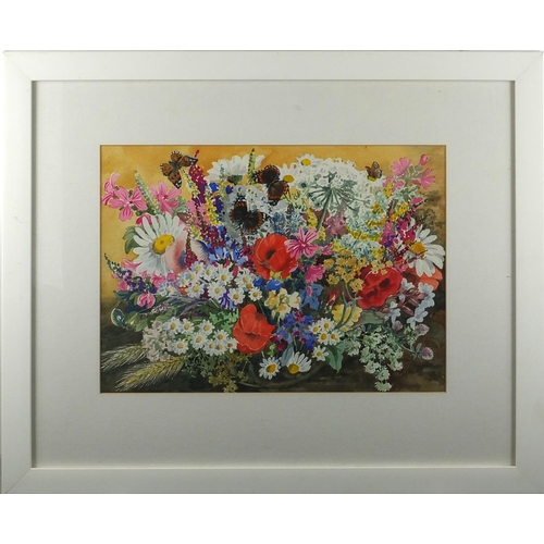 12 - Watercolour, butterflies amongst flowers, indistinctly signed, mounted and framed, 35cm x 25cm