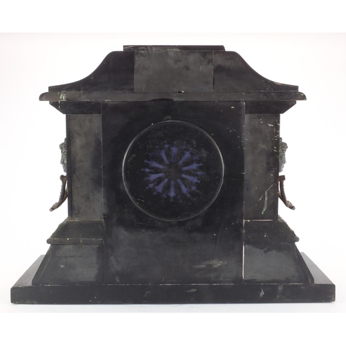 2074 - Victorian black slate marble mantle clock with french movement, enamelled dial and Arabic numerals, ... 