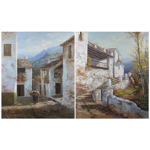 35 - Cuperos? pair of oil on canvas, continental buildings, unframed, 55cm x 46cm