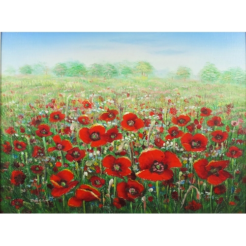 151 - Oil on board, poppy field, framed, 40cm x 29cm