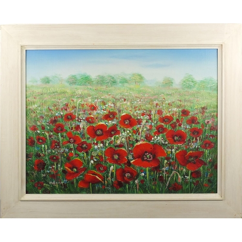 151 - Oil on board, poppy field, framed, 40cm x 29cm