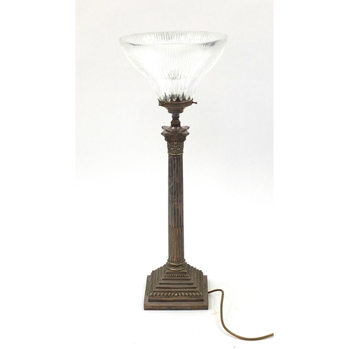 136 - Silver plated Corinthian column table lamp by Mappin Brothers, with glass shade, 70cm high