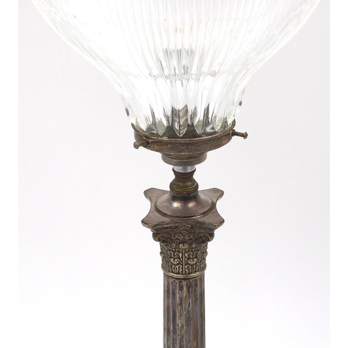 136 - Silver plated Corinthian column table lamp by Mappin Brothers, with glass shade, 70cm high