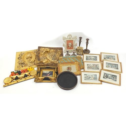 207 - Box of items including silver plated candle sticks, wooden trays, coloured engravings, gilt wood wal... 