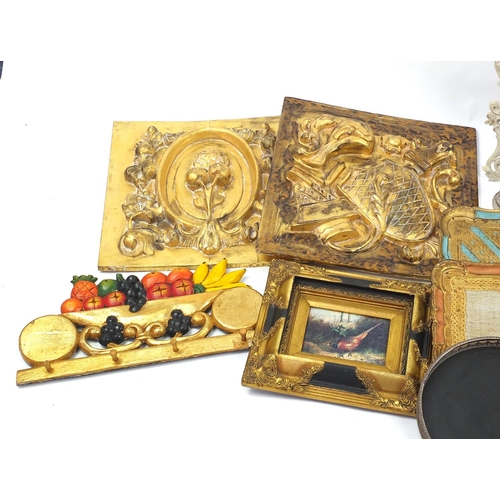 207 - Box of items including silver plated candle sticks, wooden trays, coloured engravings, gilt wood wal... 