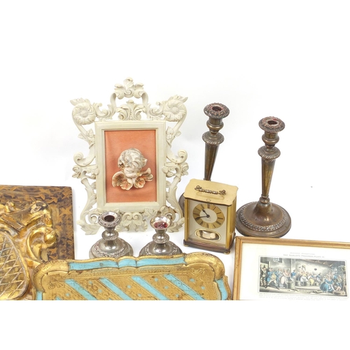 207 - Box of items including silver plated candle sticks, wooden trays, coloured engravings, gilt wood wal... 