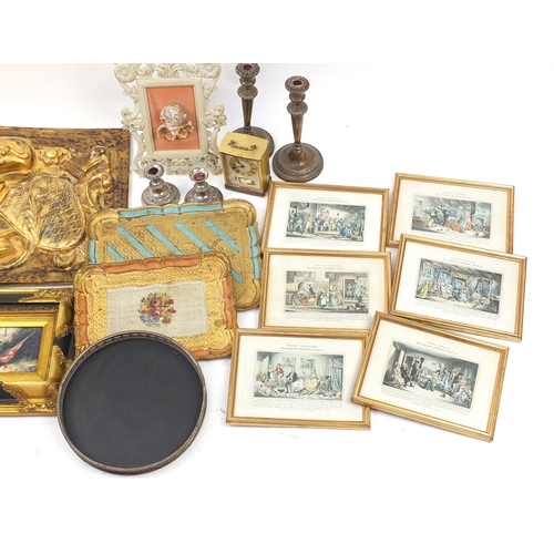 207 - Box of items including silver plated candle sticks, wooden trays, coloured engravings, gilt wood wal... 