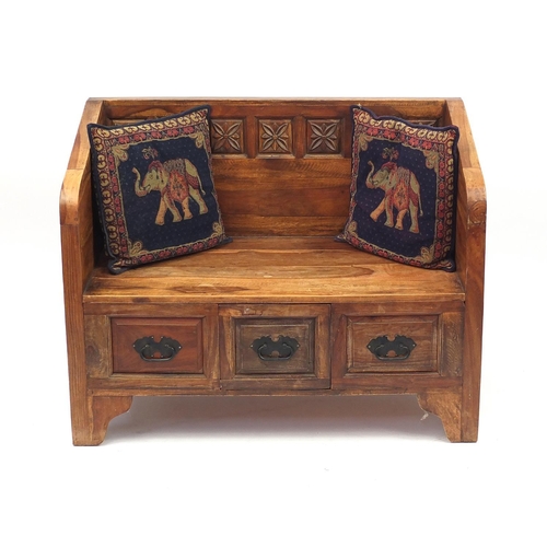 2036 - Hardwood two seater bench with frieze drawers, 81cm H x 105cm W x 55cm D