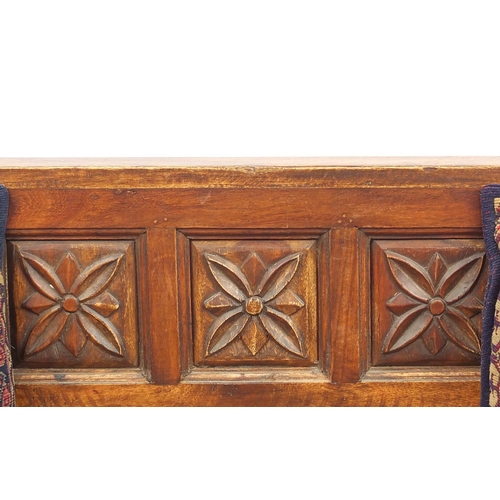 2036 - Hardwood two seater bench with frieze drawers, 81cm H x 105cm W x 55cm D