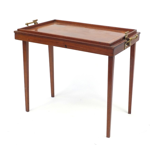 2037 - Victorian inlaid mahogany tray table with brass handles, 60cm H x 69cm W x 45cm D
