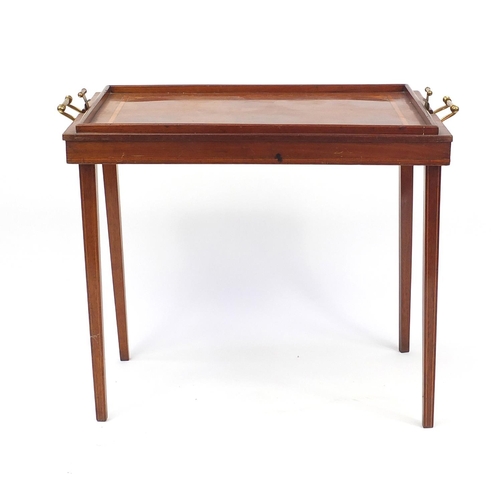 2037 - Victorian inlaid mahogany tray table with brass handles, 60cm H x 69cm W x 45cm D