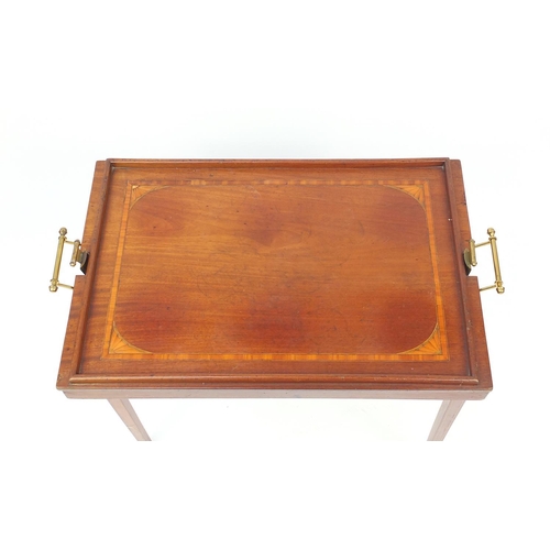 2037 - Victorian inlaid mahogany tray table with brass handles, 60cm H x 69cm W x 45cm D