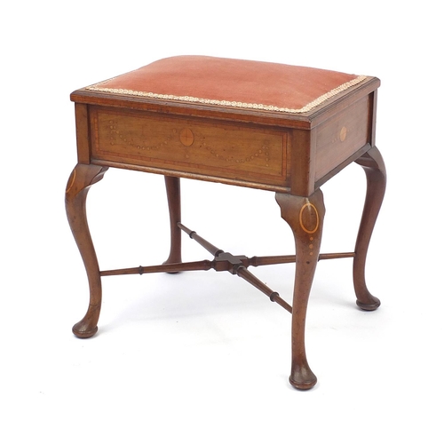 2042 - Inlaid mahogany piano stool with lift up seat, 50cm H x 47cm W x 37cm D