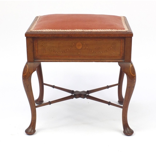 2042 - Inlaid mahogany piano stool with lift up seat, 50cm H x 47cm W x 37cm D