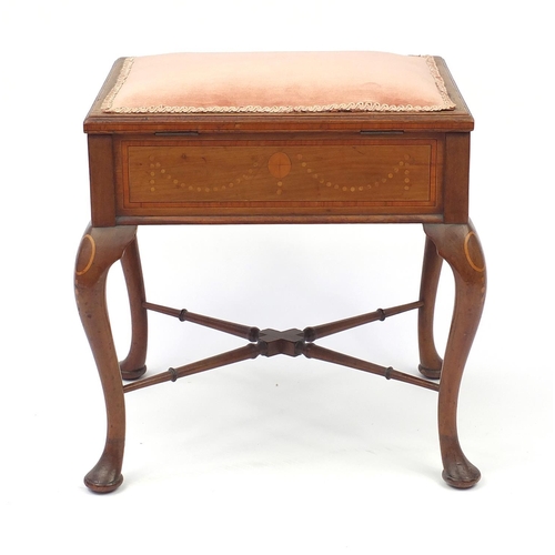 2042 - Inlaid mahogany piano stool with lift up seat, 50cm H x 47cm W x 37cm D