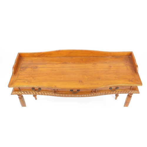 2043 - Hardwood serpentine fronted serving table with three drawers, 76cm high x 120cm wide x 43cm deep