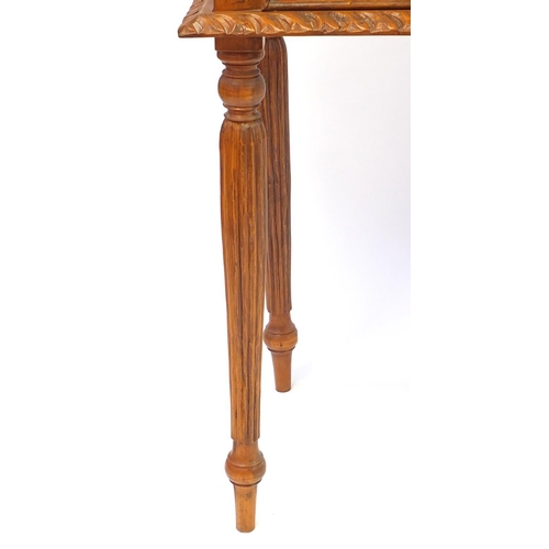 2043 - Hardwood serpentine fronted serving table with three drawers, 76cm high x 120cm wide x 43cm deep