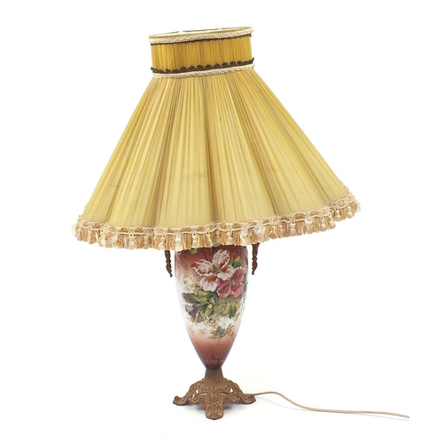 2081 - Victorian opaline glass lamp base, hand painted with flowers with gilt metal mounts and shade, overa... 