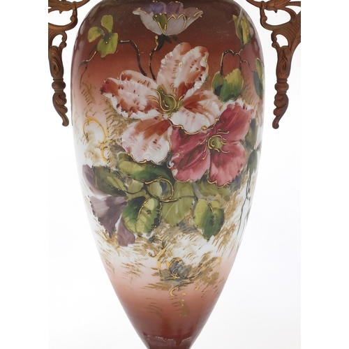 2081 - Victorian opaline glass lamp base, hand painted with flowers with gilt metal mounts and shade, overa... 