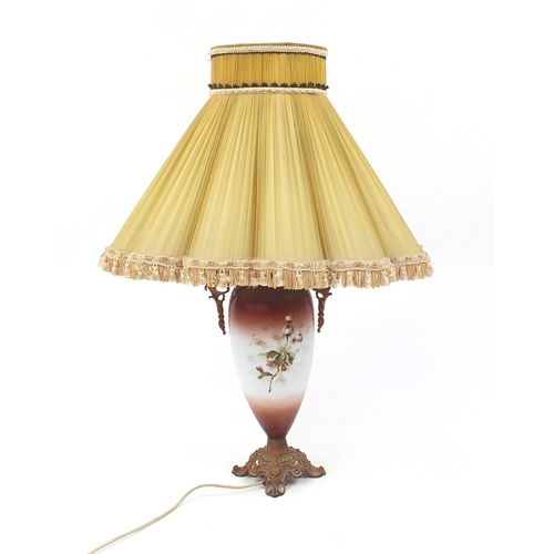 2081 - Victorian opaline glass lamp base, hand painted with flowers with gilt metal mounts and shade, overa... 