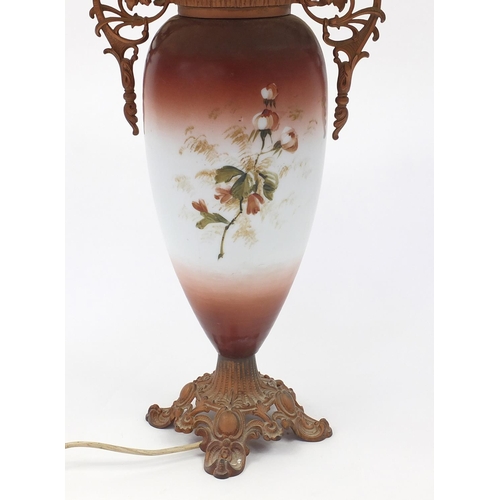 2081 - Victorian opaline glass lamp base, hand painted with flowers with gilt metal mounts and shade, overa... 