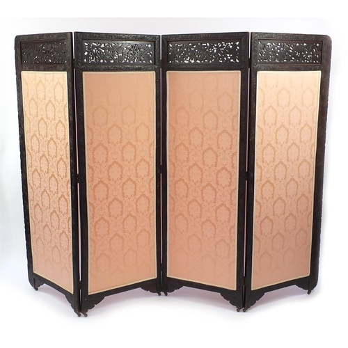 2033A - Chinese hardwood four section folding silk screen/room divider with floral panels, carved with flowe... 