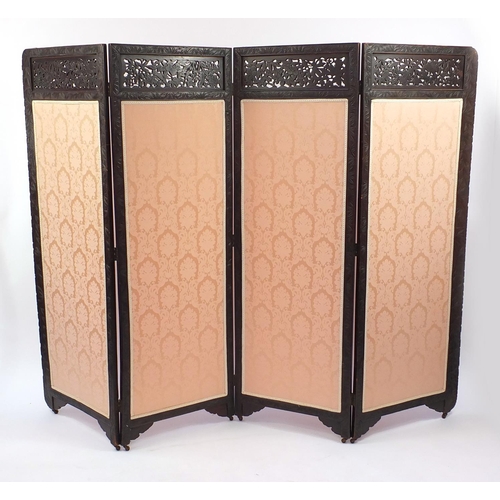 2033A - Chinese hardwood four section folding silk screen/room divider with floral panels, carved with flowe... 
