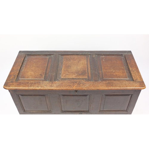 2012 - Antique oak three panel coffer, 71cm H x 125cm W x 54cm D