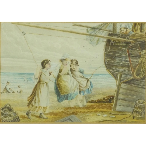 2117 - 19th century watercolour onto card, The Seaside Swing, Busy Bee Shoreham, bearing a monogram FB, tit... 