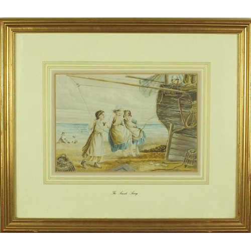 2117 - 19th century watercolour onto card, The Seaside Swing, Busy Bee Shoreham, bearing a monogram FB, tit... 