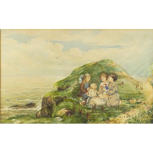 2119 - Agnes Alston - A Breezy Day, young children seated on a cliff top, watercolour, titled to the margin... 