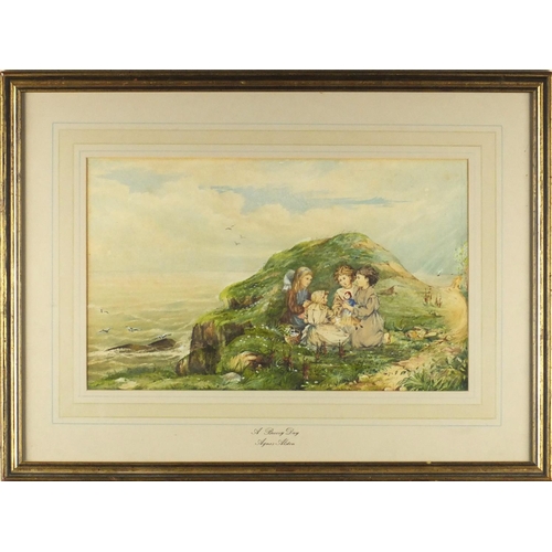 2119 - Agnes Alston - A Breezy Day, young children seated on a cliff top, watercolour, titled to the margin... 