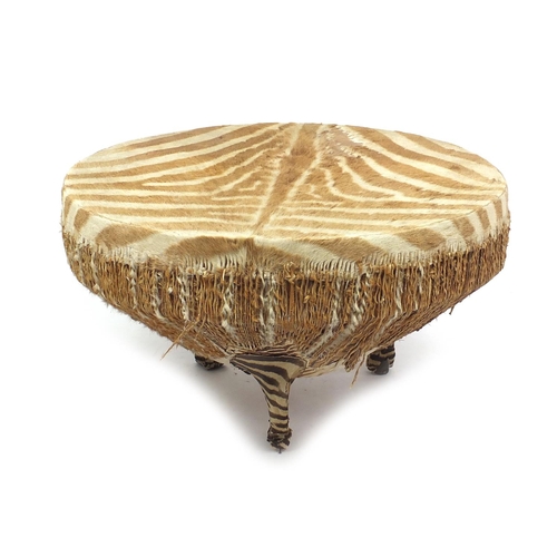2022 - Large zebra and tiger hide drum coffee table, 52cm high x 91cm diameter