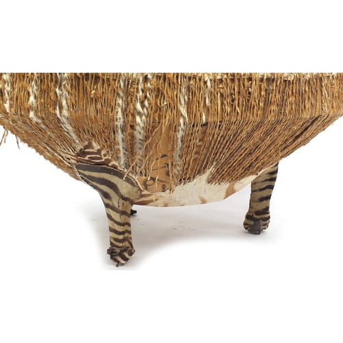 2022 - Large zebra and tiger hide drum coffee table, 52cm high x 91cm diameter