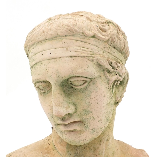 2062 - Reconstituted garden stoneware bust of a Roman, 40cm high