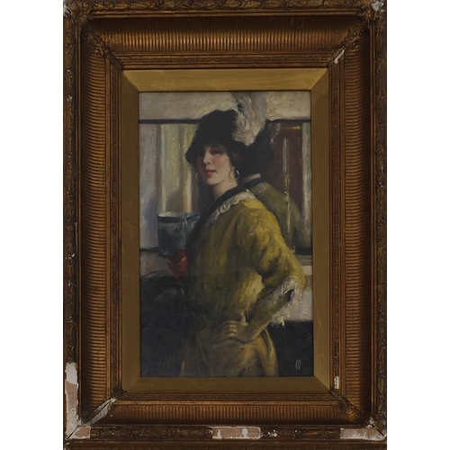 2086 - Female standing with white feather, french impressionist oil onto board, bearing a monogram S, mount... 