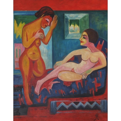 2261 - Oil onto board, abstract composition, two nude females, bearing a monogram, inscribed verso, mounted... 