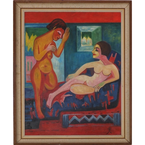 2261 - Oil onto board, abstract composition, two nude females, bearing a monogram, inscribed verso, mounted... 