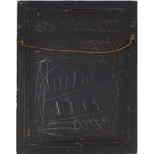 2261 - Oil onto board, abstract composition, two nude females, bearing a monogram, inscribed verso, mounted... 