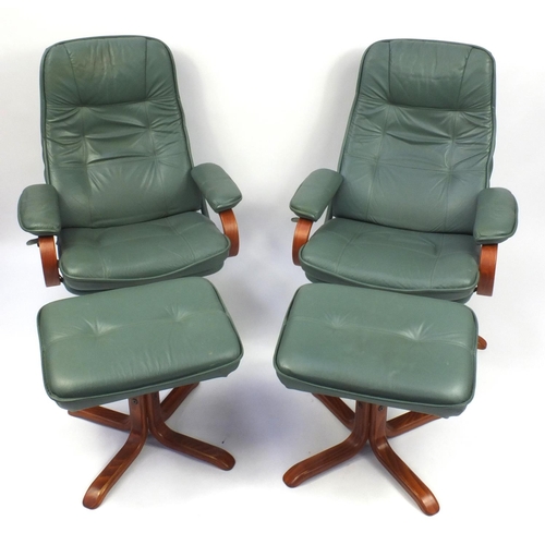 4 - Pair of stressless style green leatherette swivel arm chairs with matching footstools