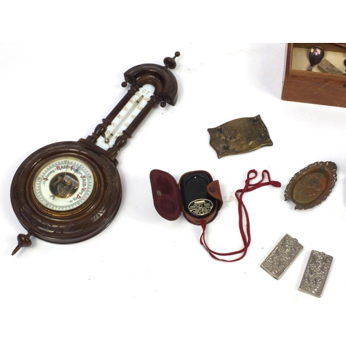 204 - Box of items including a mahogany barometer, coins, oak cased mantle clock and a Wrayflex camera