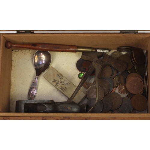 204 - Box of items including a mahogany barometer, coins, oak cased mantle clock and a Wrayflex camera