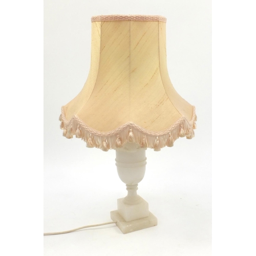 169 - Alabaster table lamp with silk lined shade, 62cm high