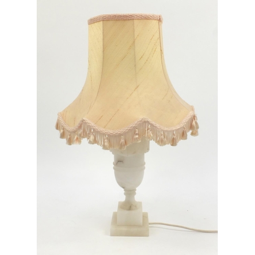 169 - Alabaster table lamp with silk lined shade, 62cm high