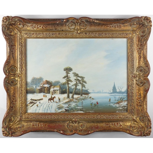 33 - Charles Comber, pair of Dutch winter landscapes, oil onto board, both framed, each 38cm x 29cm