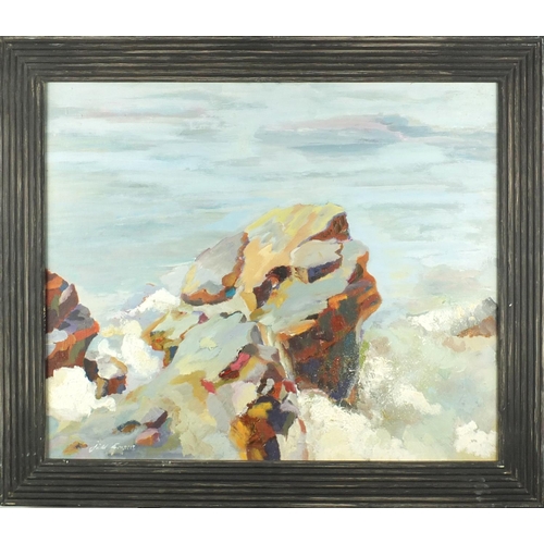 122 - Crashing waves, oil onto board, bearing a signature Jill Easlie, framed, 54.5cm x 44cm